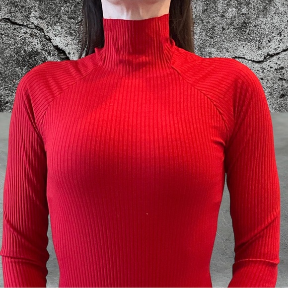 Enza Costa Viscose Rib Twist Back, Long Sleeve Red Midi Cocktail Dress, Sz S - Picture 12 of 14